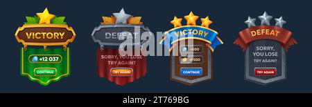 Badge dell'interfaccia utente di gioco vinci e perdi. Set vettoriale dei cartoni animati di etichette di vittoria e sconfitta con nastro e stelle. Progettazione GUI del pannello dei risultati delle attività di suc Illustrazione Vettoriale