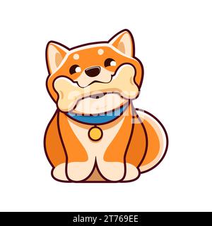 Cartoni animati kawaii simpatico cane e cucciolo shiba inu si siede dolcemente con un osso, i suoi occhi brillano di eccitazione. Un'accattivante immagine vettoriale che cattura il fedele e giocoso amico peloso Illustrazione Vettoriale