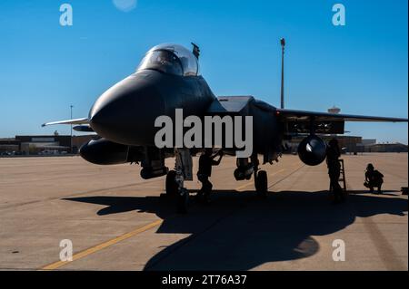 I Crew Chiefs assegnati al 4th Fighter Wing preparano un F-15E Strike Eagle per il decollo, il 3 novembre 2023, alla Luke Air Force base, Arizona. Il 4th Fighter Wing, assegnato alla Seymour Johnson AFB, North Carolina, è una delle sette unità militari che hanno partecipato al giorno della guerra dell'istruttore pilota di Luke AFB in concerto con l'esercitazione Desert Hammer del 944th Fighter Wing. (Foto U.S. Air Force di Airman 1st Class Elias Carrero) Foto Stock