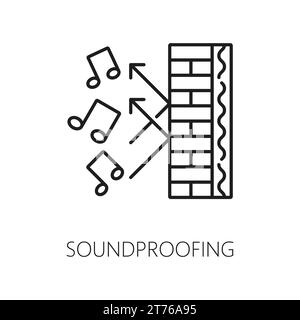 Icona isolamento termico parete insonorizzata. Schema di sezione trasversale dello strato isolante della costruzione della casa, insonorizzazione della facciata domestica e pittogramma vettoriale della linea di protezione dal rumore con parete in mattoni e note musicali Illustrazione Vettoriale