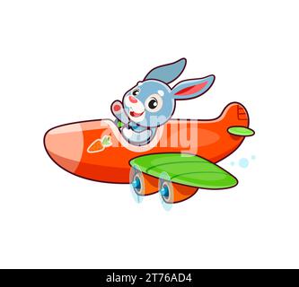 Cartone animato personaggio animale coniglio su aereo o aereo, giocattolo pilota animale vettoriale per bambini. Simpatico e divertente aviatore di coniglio o pilota che vola su un aereo giocattolo per la mascotte dei bambini o adorabile allegro personaggio dello zoo Illustrazione Vettoriale
