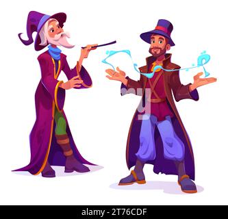 Maghi maschili e personaggi illusionisti isolati su sfondo bianco. Illustrazione vettoriale di vecchi e giovani uomini barbuti che indossano cappelli e costumi vintage, trucchi da circo, bacchetta magica in mano Illustrazione Vettoriale
