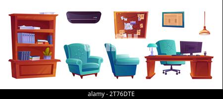 Arredamento e attrezzature interne della sala d'ufficio detective. Set vettoriale di cartoni animati di elementi dell'area di lavoro di polizia e agenzie criminali. Scrivania e sedia, mappa investigativa sulla bacheca, scaffale con documenti. Illustrazione Vettoriale