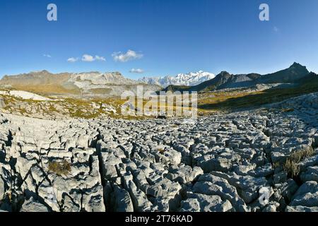 HAUTE-SAVOIE, 74, FRANCIA, RISERVA NATURALE SIXT-PASSY, DESERTO DI PIATTO, IL DEROCHOIR E IL MONTE BIANCO, UNO DEI PIÙ VASTI LAPIAZ D'EUROPA, Foto Stock