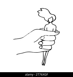 La mano tiene la donna completamente. Concetto di manipolazione in stile Doodle, violenza mentale, controllo totale, illuminazione a gas, schiavitù della personalità. Illustrazione Vettoriale