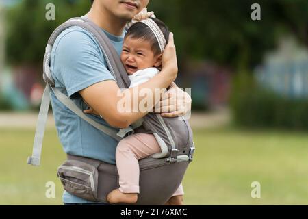 padre che consolava il suo bambino piangente in una portabicchieri nel parco Foto Stock