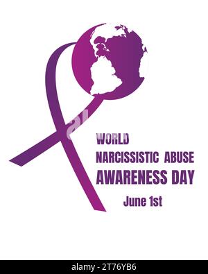 Cartolina nastro viola rettangolare, pianeta terra e testo giornata mondiale dell'abuso di narcisismo isolato su sfondo bianco. Illustrazione Vettoriale