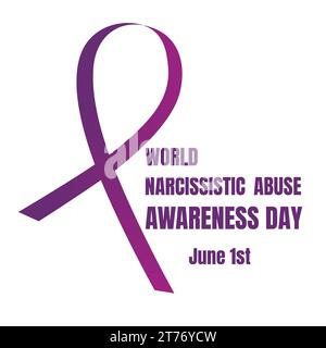 Carta nastro viola e textWorld narcissistic Abuse Awareness Day isolato su sfondo bianco. Un evento per le persone colpite da violenza narcisistica Illustrazione Vettoriale