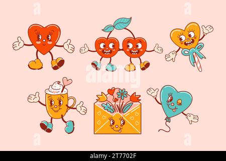 Set per San Valentino. Personaggi in vecchio stile dei cartoni animati retrò. Danzanti cuori carini e stravaganti, una tazza di caffè, una ciliegia innamorata, un lecca lecca, un co Illustrazione Vettoriale