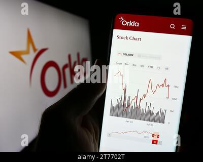 Persona in possesso di cellulare con pagina Web della società norvegese Orkla ASA davanti al logo aziendale. Concentrarsi sul centro del display del telefono. Foto Stock