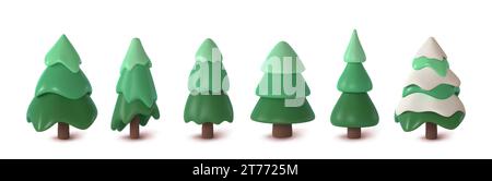 Raccolta abeti astratti isolati su sfondo bianco. Alberi di Natale 3d, illustrazione vettoriale di rendering pini. Illustrazione Vettoriale