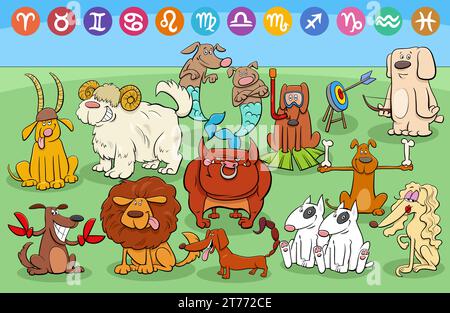Illustrazione a cartoni animati di simpatici cani personaggi animali come segni zodiacali Illustrazione Vettoriale