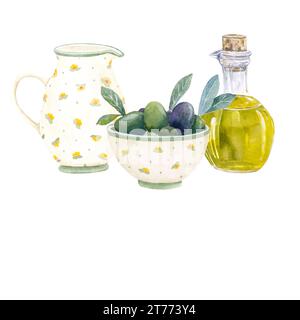 Acquerello con olive succose e olio d'oliva in bottiglia di vetro. Illustrazione ad acquerello disegnata a mano isolata su sfondo bianco Foto Stock