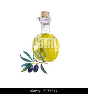 Olio d'oliva in bottiglia di vetro con olive. Illustrazione ad acquerello disegnata a mano isolata su sfondo bianco Foto Stock