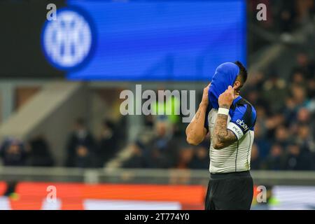 Milano, Italia. 12 novembre 2023. Lautaro Martinez del FC Internazionale reagisce durante la partita di serie A 2023/24 tra FC Internazionale e Frosinone calcio allo Stadio Giuseppe Meazza. PUNTEGGIO FINALE: Inter 2 | 0 Frosinone credito: SOPA Images Limited/Alamy Live News Foto Stock