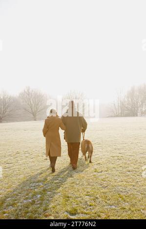 Vista posteriore di una coppia matura a piedi con un cane su un gelido park Foto Stock
