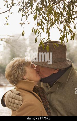 Coppia matura in piedi sotto un albero che si bacia Foto Stock