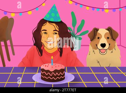 felice ragazza con un cane che festeggia la festa di compleanno, che si prepara a far esplodere le candele sulla torta di compleanno Foto Stock