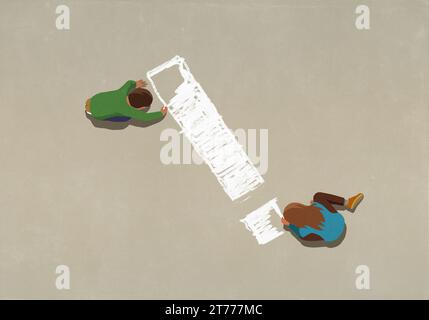 Vista dall'alto punto esclamativo colorato per bambini con gesso sul marciapiede Foto Stock