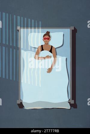 Vista dall'alto della donna con maschera per gli occhi che dorme in camera da letto di notte Foto Stock