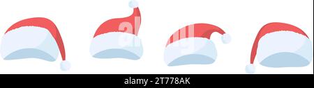 Collezione di cappelli invernali rossi di Babbo Natale isolati su sfondo bianco. Pacchetto di decorazioni natalizie cartoni animati illustrazioni vettoriali Foto Stock