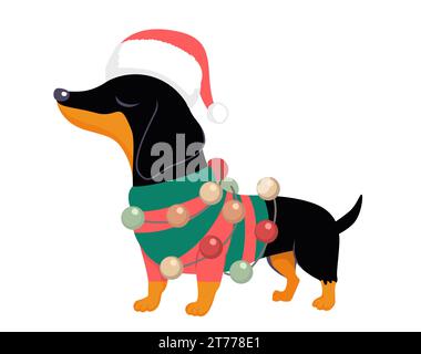 Simpatico cagnolino che indossa un cartoni animati natalizi con disegni vettoriali. Il caldo inverno augura un elemento di design per biglietti di auguri. Cane con Babbo Natale ha Foto Stock