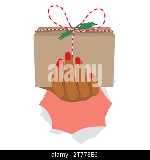 Illustrazione vettoriale della confezione regalo natalizia Hand hold. Vista frontale che presenta una sorpresa natalizia avvolta in un pacchetto festivo, decorato con nastro Foto Stock