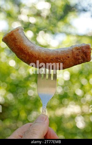 Salsiccia con forchetta. Foto Stock