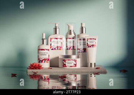 illustrazione 3d di un set di diversi contenitori cosmetici di colore bianco posizionati su un piedistallo su sfondo blu. Mockup di vasi cosmetici, bottiglie, provette, spray e altri contenitori Foto Stock