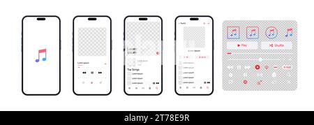 Mockup musicale Apple. App musicale. Modello di applicazione su iPhone mockup. Lettore musicale in abbonamento. Profilo, brano, album, playlist. Pausa, nota, ricerca, Illustrazione Vettoriale