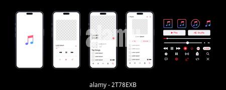 Mockup musicale Apple. App musicale. Modello di applicazione su iPhone mockup. Lettore musicale in abbonamento. Profilo, brano, album, playlist. Pausa, nota, ricerca, Illustrazione Vettoriale