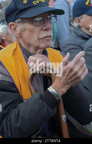 Un veterano dell'esercito americano ascolta i discorsi al Cimitero di Invandell alla conclusione della Veterans Day Parade del 2023 a Somers, New York. Foto Stock