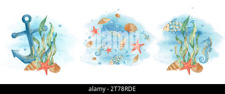 Set di composizioni subacquee acquerelli con pesci, conchiglie e cavallucci marini carini e ancora nautica su spruzzi d'acquerello blu. Foto Stock
