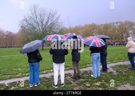 Green Park, Londra, Regno Unito. 14 novembre 2023. Una saluta di pistola del 41 a Green Park per il 75° compleanno di Re Charle. Piogge molto pesanti cadono quando inizia il saluto della pistola. Crediti: Matthew Chattle/Alamy Live News Foto Stock