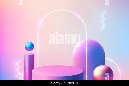 Podio con piedistallo 3D realistico a cilindro con arco luminoso. Palcoscenico viola con diverse forme geometriche e luce al neon. Piattaforma rotonda vuota per il mockup o la presentazione del prodotto. Illustrazione Vettoriale