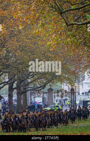 Londra, Regno Unito. 14 novembre 2023. Pioggia intensa, clima autunnale e foglie gialle per l'autunno - King's Troop Royal Horse Artillery segnano il compleanno di sua Maestà il Re a Green Park. Spararono una pistola da 41 colpi saluti da 6 cannoni a Green Park. Crediti: Guy Bell/Alamy Live News Foto Stock