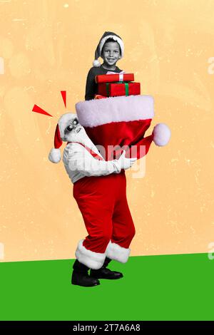 Grafica creativa 3d grafica collage la pittura del buffo babbo natale che consegna natale presenta uno sfondo di disegno isolato Foto Stock