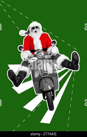 Immagine collage verticale di colori bianco e nero impressionati babbo natale drive bici veloce notte di natale isolato su sfondo verde Foto Stock