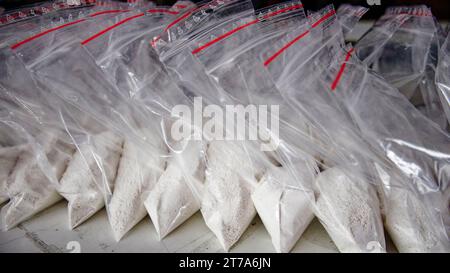 Un gran numero di bustine trasparenti riempite di polvere bianca. Polvere bianca confezionata in bustine piccole. Foto Stock