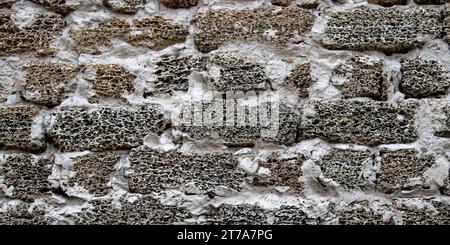 Foto ravvicinata di una parete bianca e marrone con una trama ruvida. Frammento di un muro costruito di roccia a conchiglia come sfondo. Foto Stock