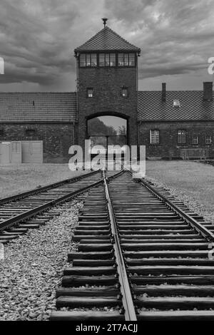 Brzezinka, Polonia - 17 luglio 2023: L'ingresso del famigerato campo di sterminio nazista di Auschwitz II-Birkenau e ora museo Foto Stock