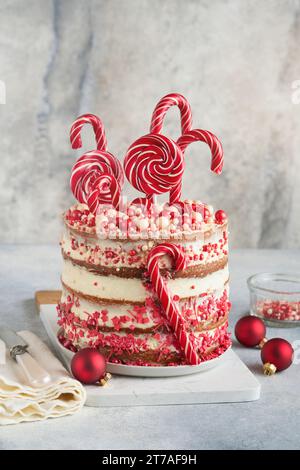 Torta di pan di zenzero di Natale a strati decorata con lolli rossi, coriandoli colorati su un supporto per torta bianco, palline di Natale, rami di abete su concret bianco Foto Stock