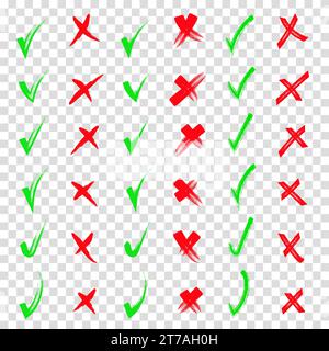 Sì e no Forma rossa e verde. Pennello disegnato a mano, segni di spunta e incrocia la raccolta di set. Disegnare, disegnare. Matita disegnata a mano segni di spunta A. Illustrazione Vettoriale