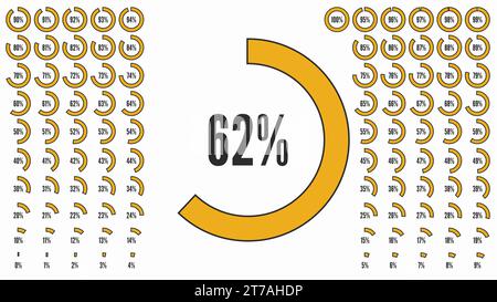 Raccolta di grandi percentuali per interfaccia utente utente o infografica aziendale. Set di icone per infografica. Diagrammi circolari percentuali da 0 a 100. Nero e. Illustrazione Vettoriale