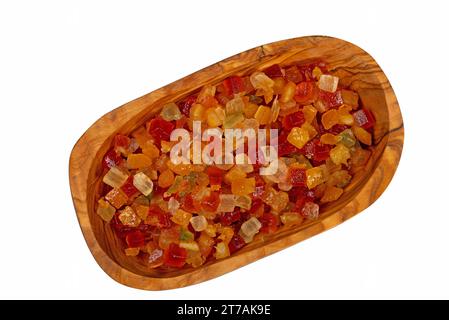 Bucce di limone candite e bucce d'arancia candite in una ciotola di legno Foto Stock