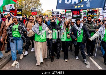 I giovani musulmani britannici arrabbiati chiedono un cessate il fuoco a Gaza e che Israele ponga fine ai bombardamenti di Gaza in occasione dell'evento March for Palestine, Londra, Regno Unito Foto Stock