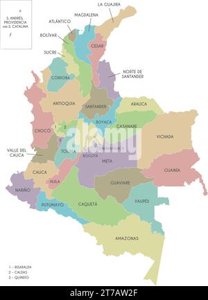 Mappa vettoriale della Colombia con dipartimenti, regione capitale e divisioni amministrative. Livelli modificabili e chiaramente etichettati. Illustrazione Vettoriale