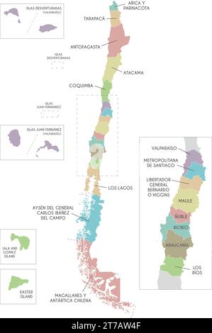 Mappa vettoriale del Cile con regioni e territori e divisioni amministrative. Livelli modificabili e chiaramente etichettati. Illustrazione Vettoriale