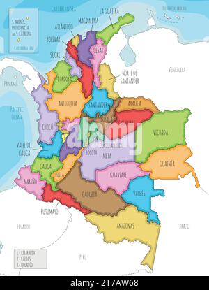 Mappa vettoriale illustrata della Colombia con dipartimenti, regione capitale e divisioni amministrative e paesi vicini. Modificabile e chiaramente in laboratorio Illustrazione Vettoriale