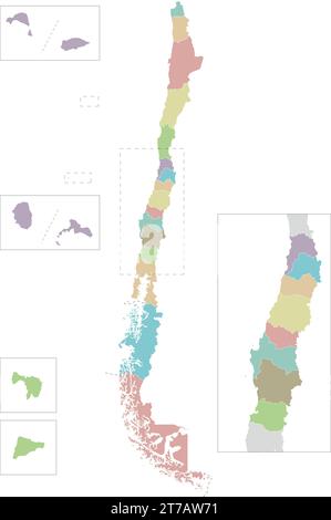 Mappa vettoriale vuota del Cile con regioni e territori e divisioni amministrative. Livelli modificabili e chiaramente etichettati. Illustrazione Vettoriale